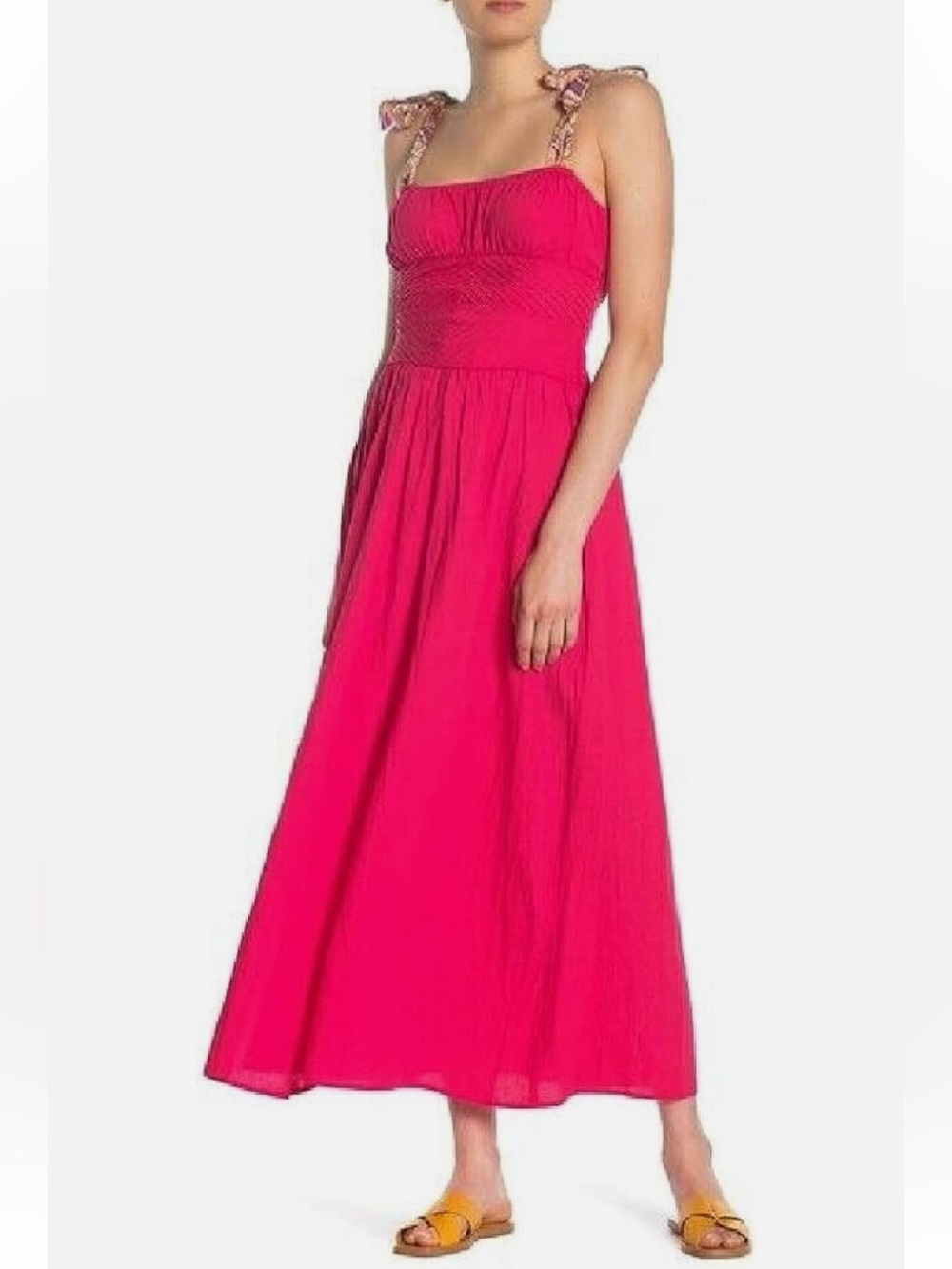 Free People Santorini Hibiscus Pink Linen Blend Colorful Tie Straps Maxi Dress•0